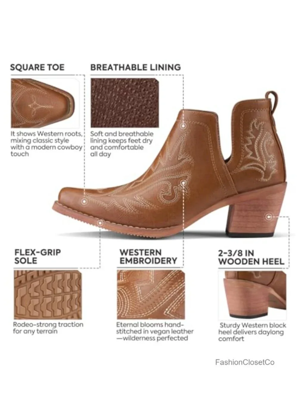 Women's Cowboy Ankle Booties with Chunky Stack Heels, Square Toe, Faux Leather
